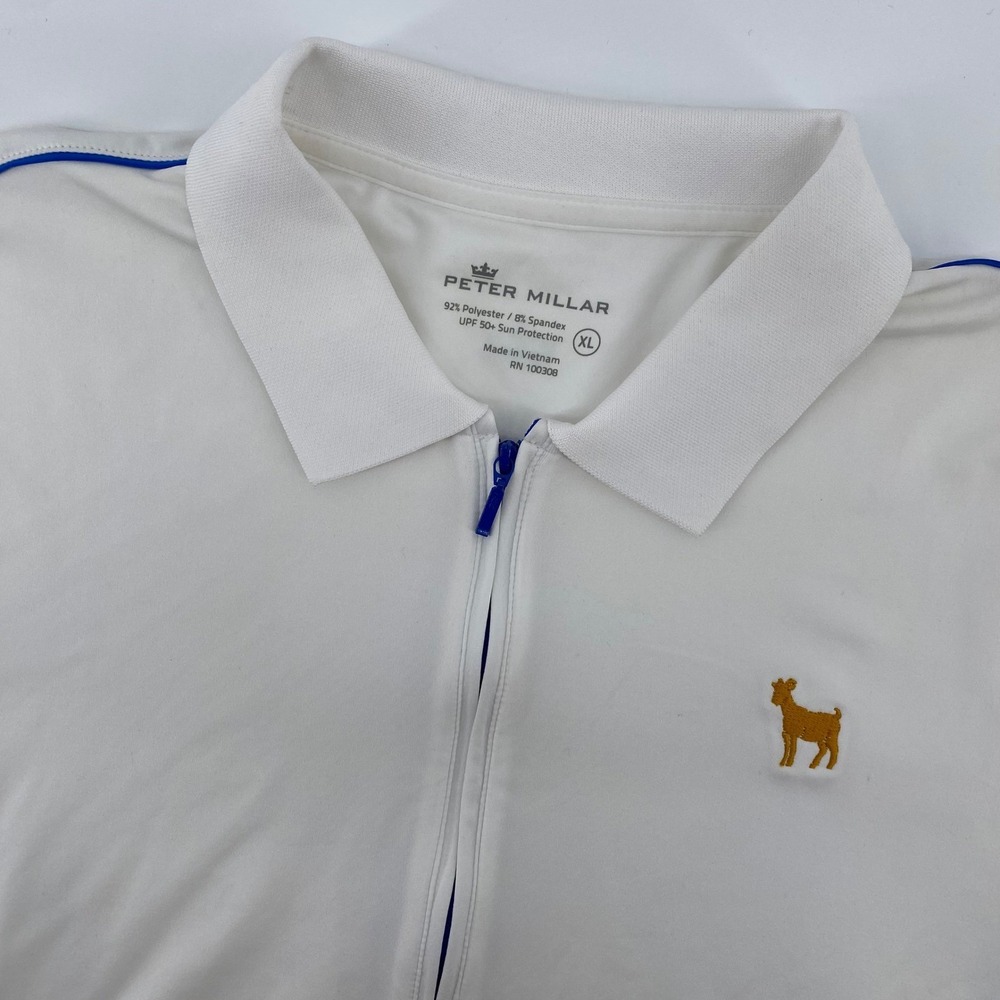 Peter Millar Polo Shirt Women XL White Blue Quarter Zip Goat Logo UPF 50 Stretch